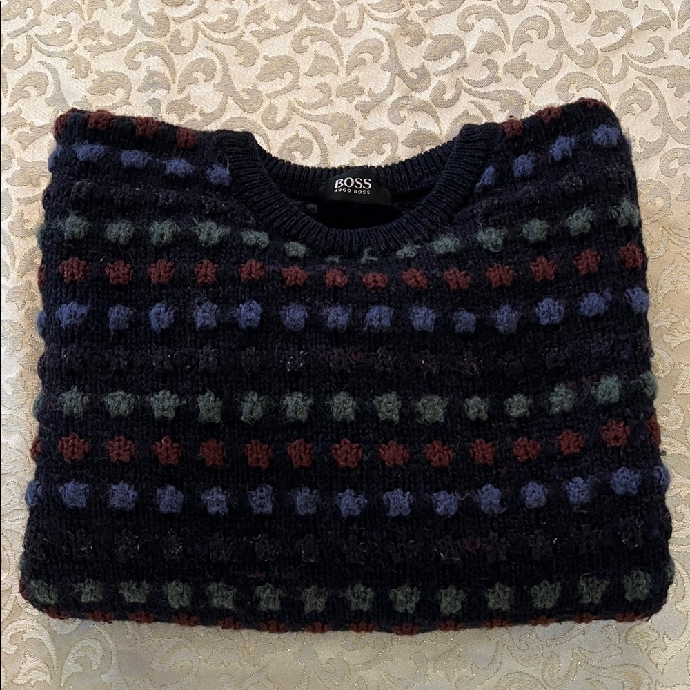 BOSS Men's Black and Blue Patterned Crewneck Sweater